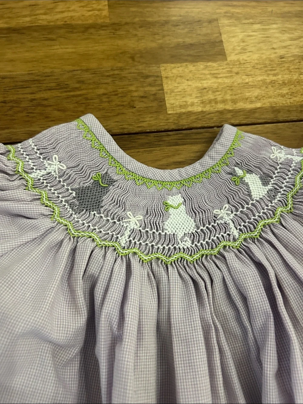 Girls Smocked Puff Sleeve Dress with Embroidered Cats